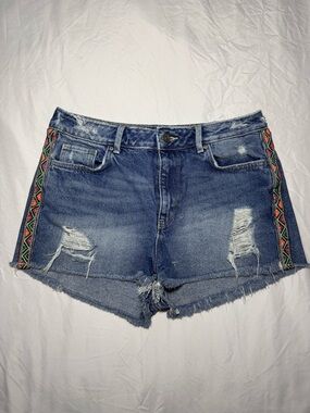 Official H&M ❤️ Coachella Blue Distressed Denim Shorts with Colorful Aztec Trim